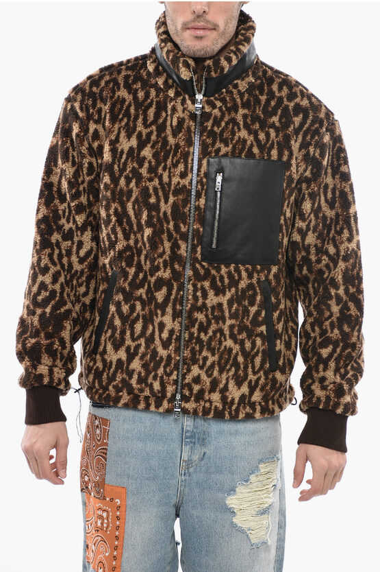 Amiri Animal Motif Fleeced Jacket With Leather Details In Multi