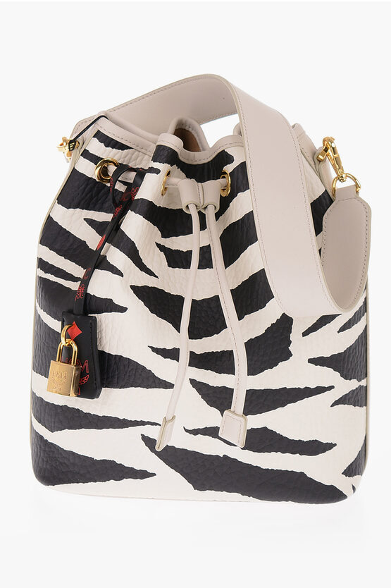 Mcm Animal Motif Textured Leather Bucket Bag With Matched Pouch In White