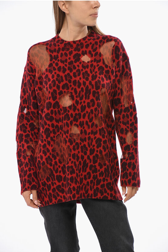 Versace Leopard-printed Semi-sheer Panelled Jumper In Red