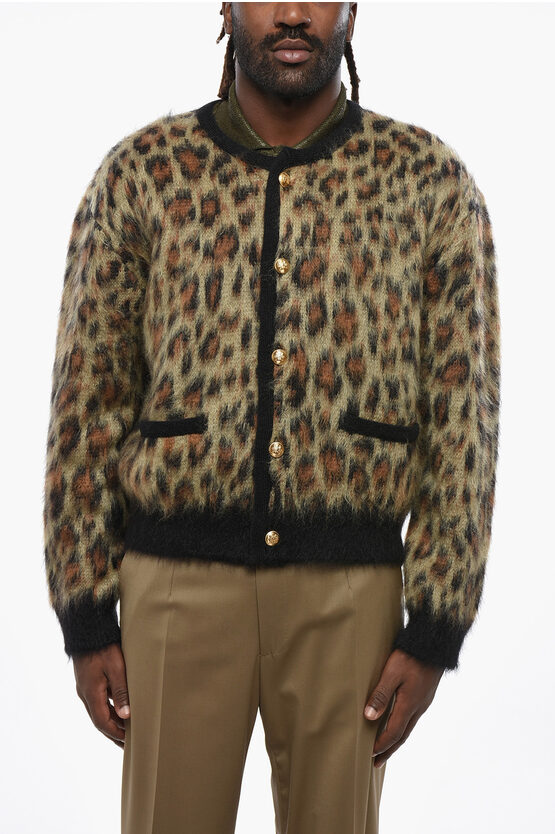 Celine Animal Patterned Crew-neck Cardigan With Golden Buttons In Multi