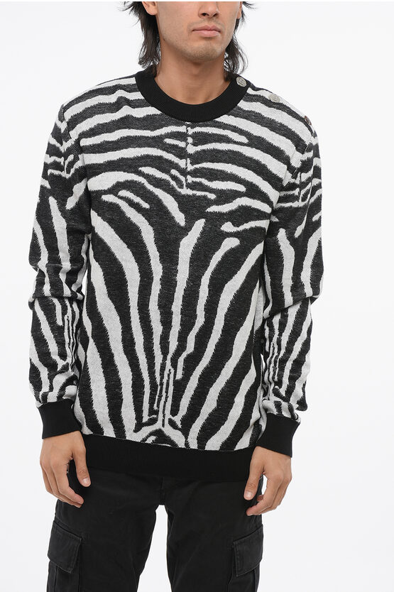Balmain Animal Patterned Crew-neck Sweater With Silver-tone Buttons In Black