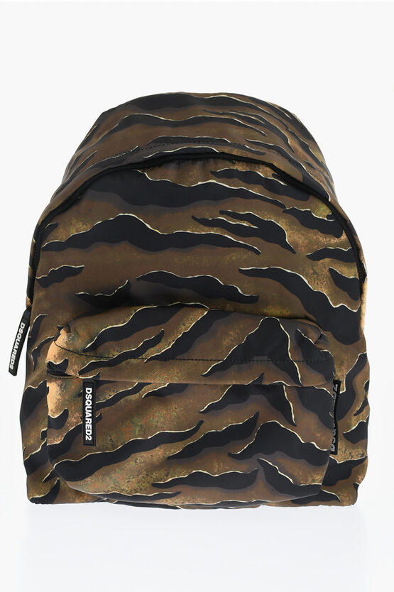 DSQUARED2 ANIMAL PATTERNED FABRIC BACKPACK WITH LEATHER TRIMS