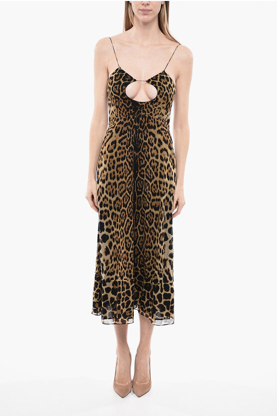 Saint Laurent Animal Patterned Light Wool Slip Dress With Cut-out Detail In Black