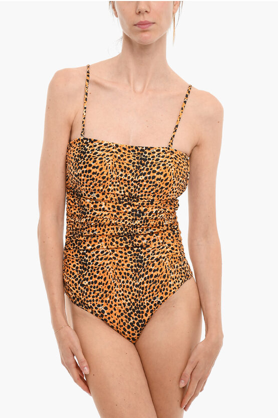 GANNI ANIMAL PATTERNED ONE-PIECE SWIMSUIT WITH GATHERED SIDE