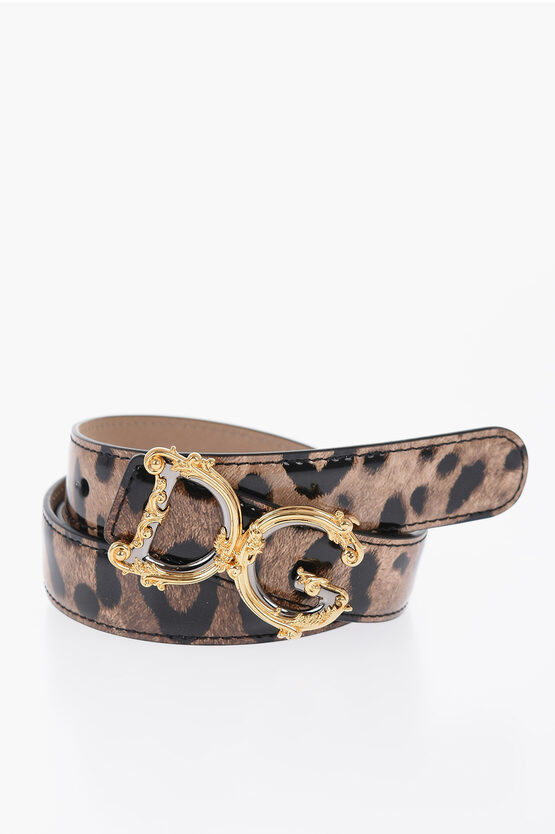 Dolce & Gabbana Animal Patterned Patent Leather Belt With Golden Buckle 25mm In Animal Print