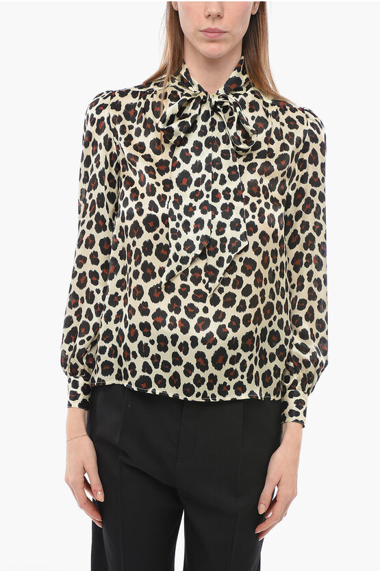 Saint Laurent Animal Patterned Silk Blouse With Tie Neck In Animal Print