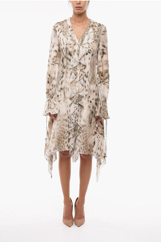 Blumarine Animal Patterned Silk Chiffon Dress With Frills In Neutral