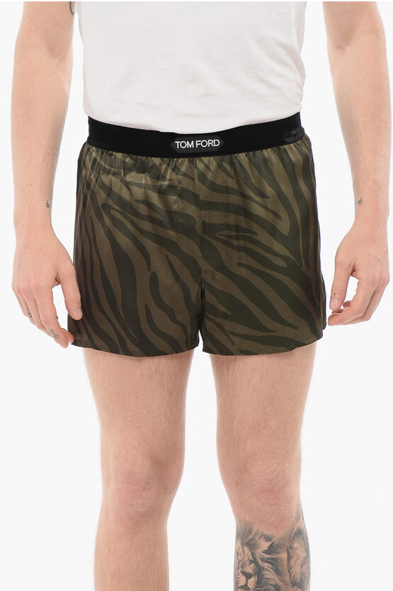 Tom Ford Animal Patterned Silk Satin Boxer With Velour Detail In Green