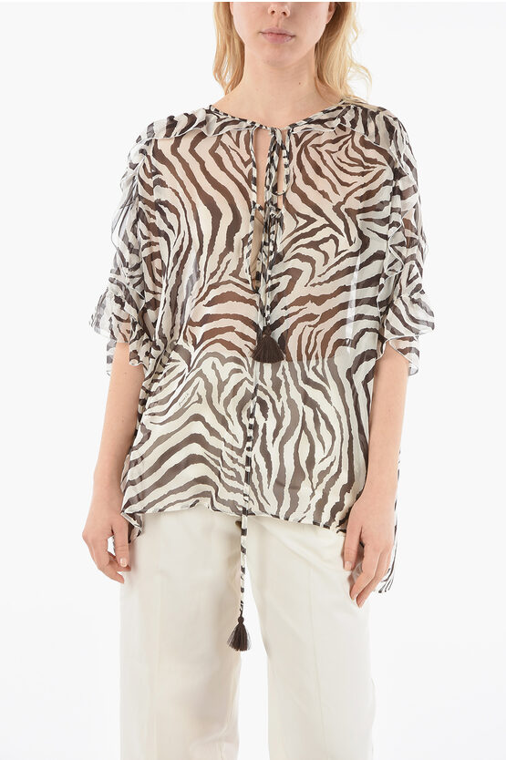 P.a.r.o.s.h Animal Patterned Silk Sol Blouse With Ruffles In White
