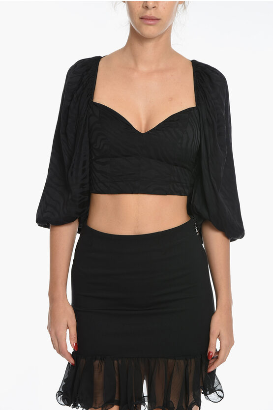 Shop Rotate Birger Christensen Animal Patterned Solid Color Irina Crop Top With Puff Sleeve