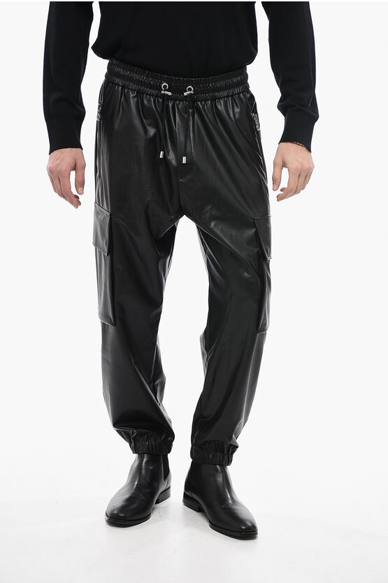 Balmain Ankle Drawstring Eco-leather Cargo Trousers In Black