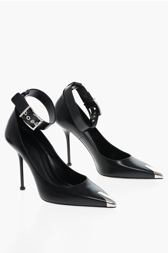 Shop Alexander Mcqueen Ankle Strap Leather Pumps With Shiny Stiletto Heel 11cm