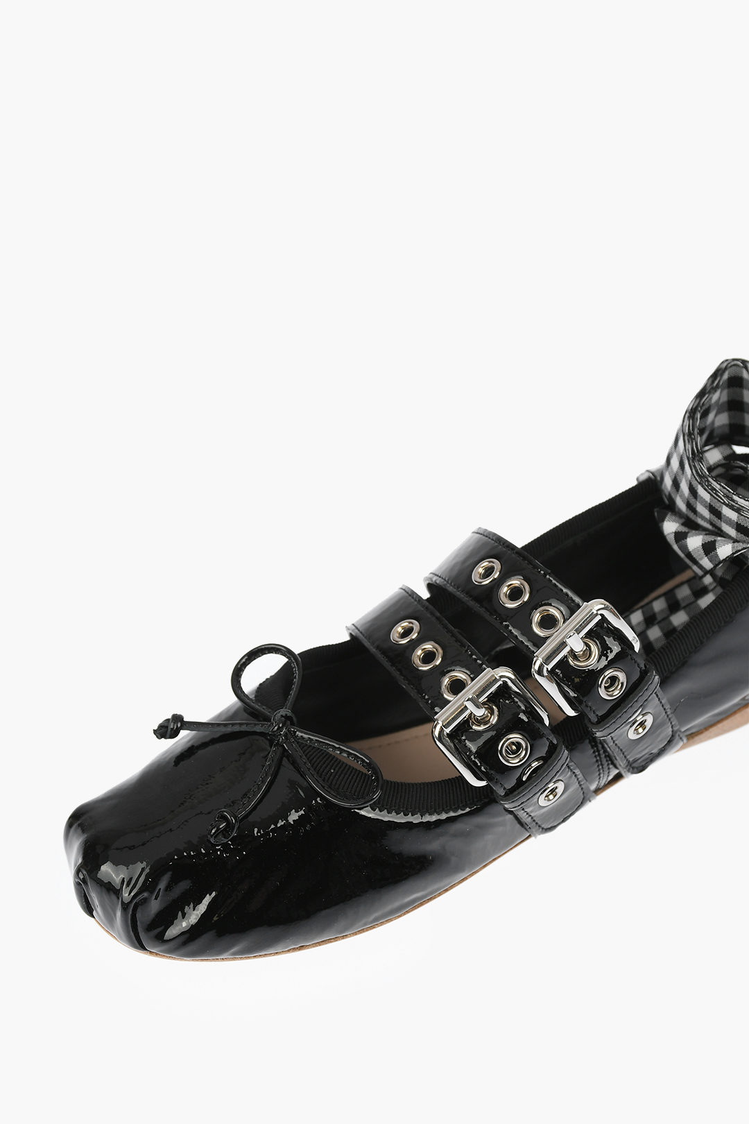 Black Ribbon-strap buckled patent-leather ballet flats, Miu Miu