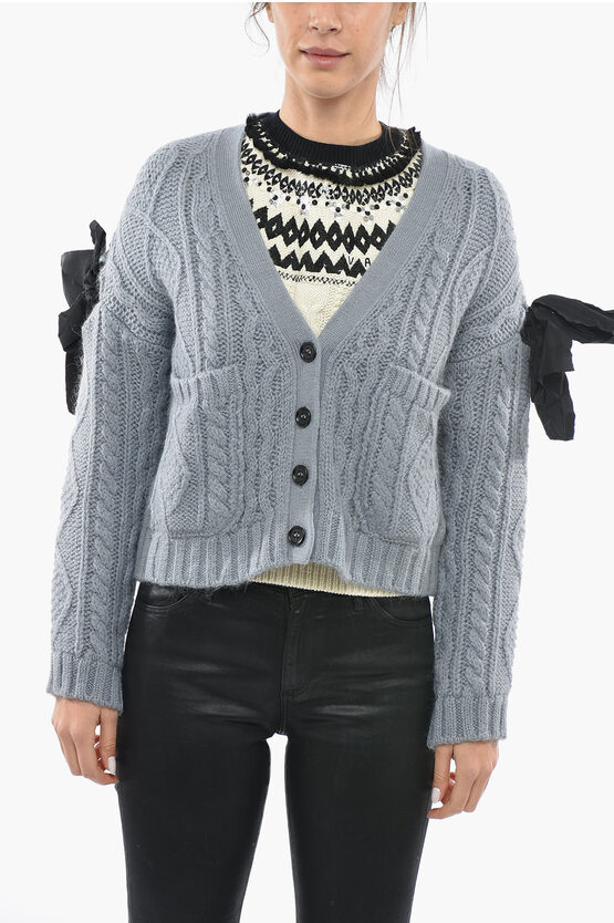Red Valentino Aran Cropped Cardigan With Decorative Bow In Gray