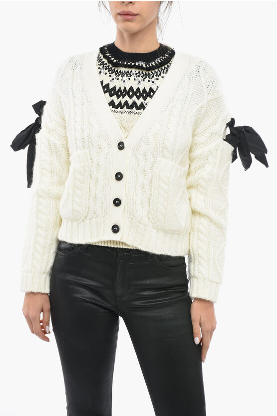 Red Valentino Aran Cropped Cardigan With Decorative Bow In Neutral