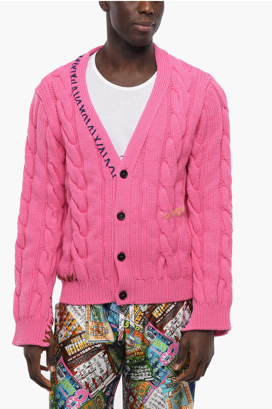 Marni Aran Virgin Wool Cardigan With Visible Stitchings In Pink