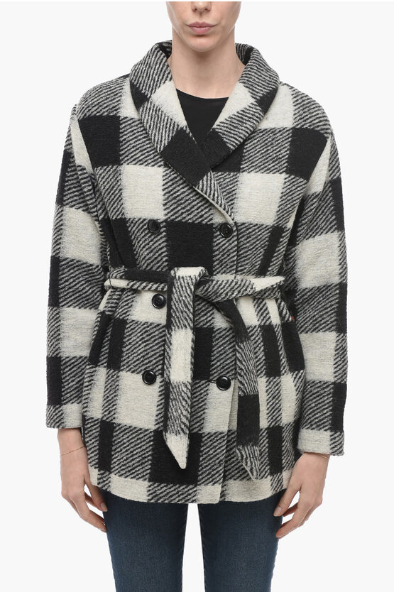 Woolrich Archive Double-breasted Plaid Check Coat In Gray