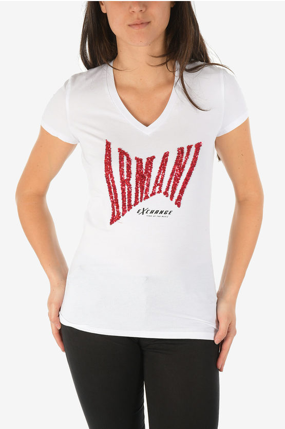 Armani ARMANI EXCHANGE V-Neck Sequin Embroidery T-shirt women - Glamood ...