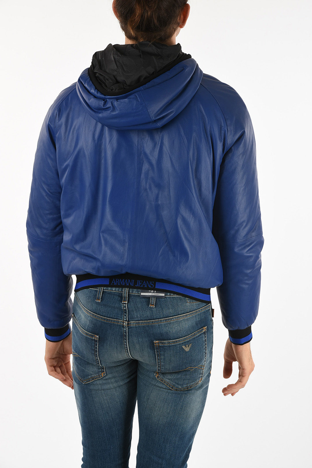 Armani blue leather on sale jacket