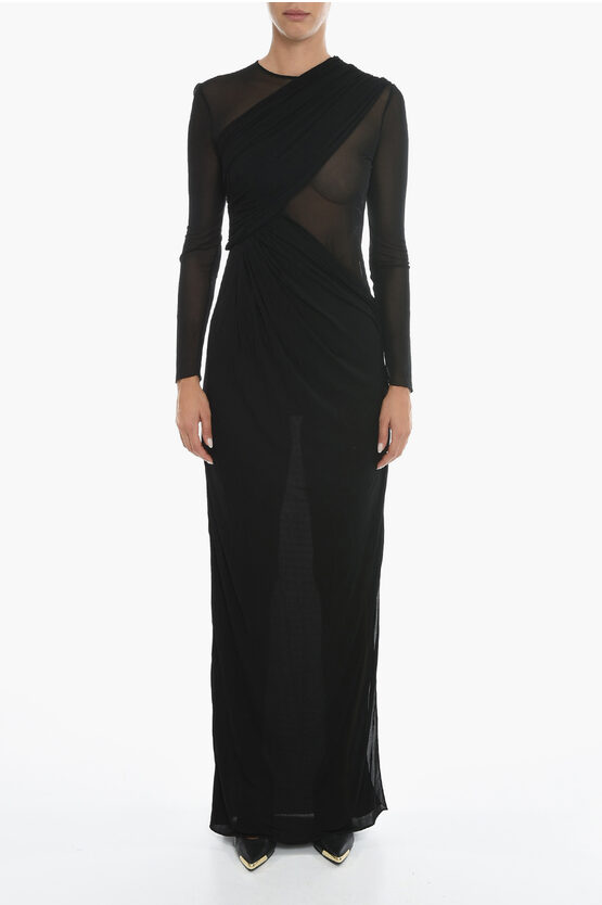 Saint Laurent Asymmetric Draped Dress With Sheered Details In Black