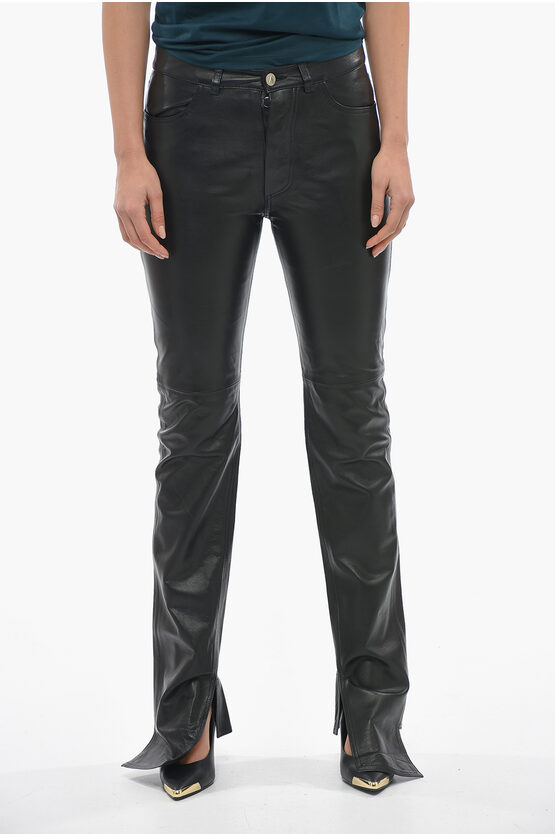 Attico Asymmetric Hem Slim Fit Fern Leather Pants In Black