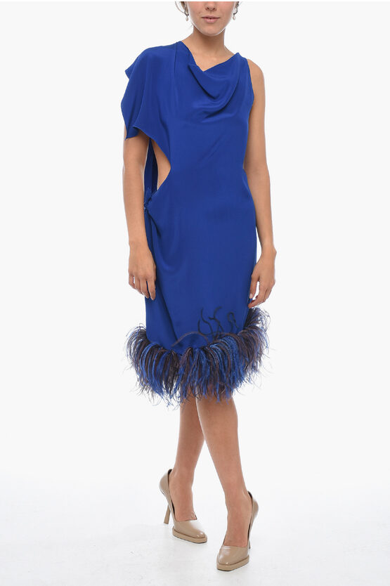 Stephan Janson Asymmetric Paris Silk Dress With Ostrich Feathered Bottom In Blue