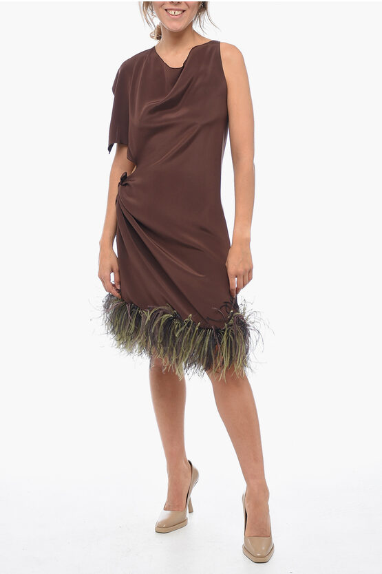 Stephan Janson Asymmetric Paris Silk Dress With Ostrich Feathered Bottom In Brown