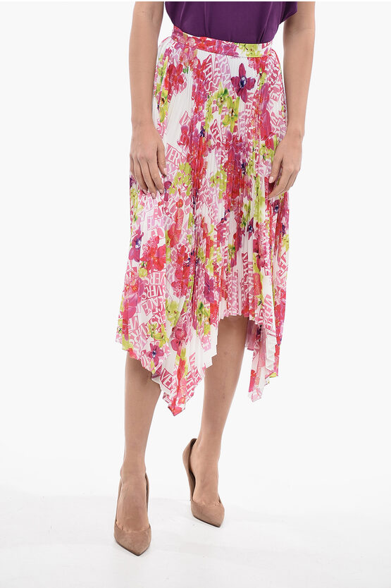 Shop Versace Asymmetric Pleated Skirt With Floral Print
