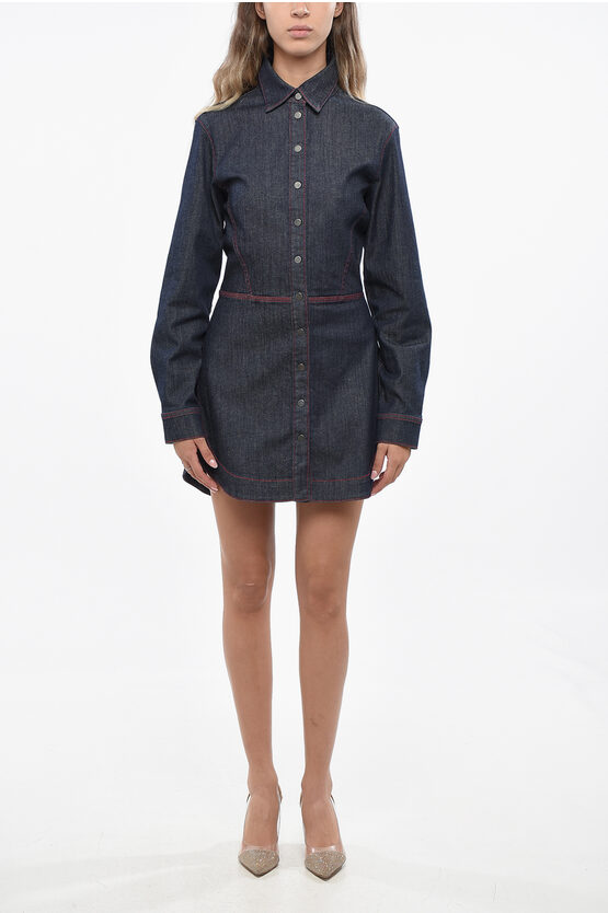 Alaïa Asymmetrical Cut Denim Shirtdress With Snap Buttons In Blue