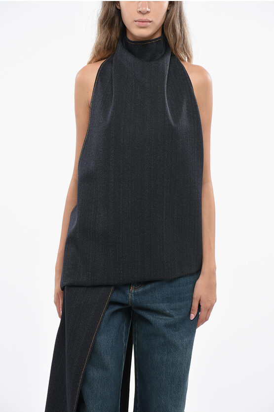 Alaïa Asymmetrical Cut Wool Peplum Top In Blue