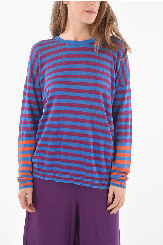 Woolrich Awining Striped Linen Lightweight Crew-neck Sweater In Blue