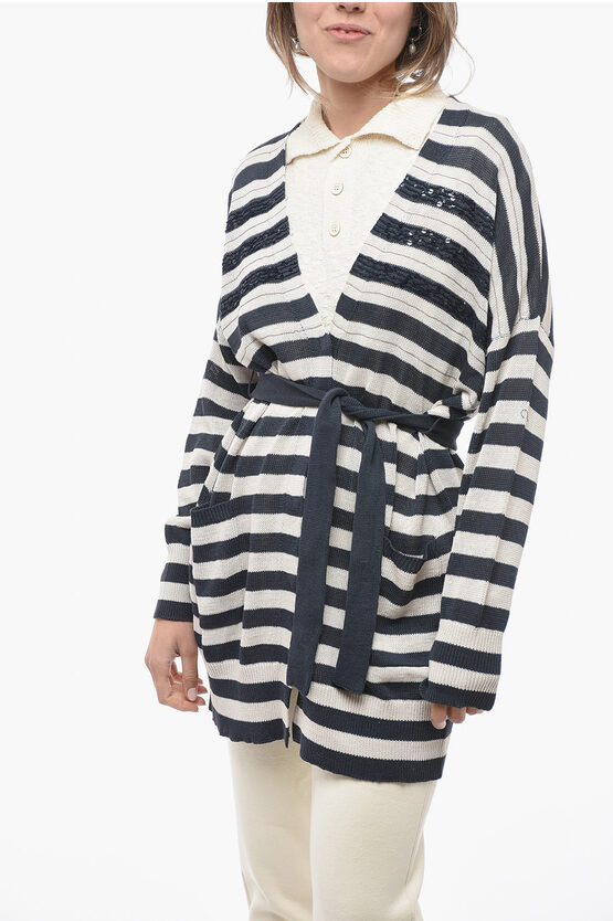Shop Brunello Cucinelli Awning Stripe Cotton Cardigan With Sequines