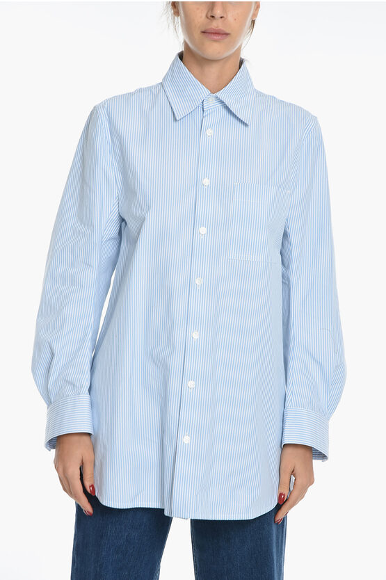 Bottega Veneta Awning Stripe Cotton Shirt With Breast-pocket In Blue