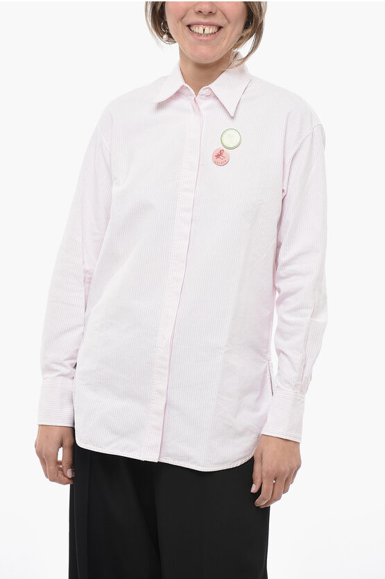 Shop Golden Goose Awning Stripe Cotton Shirt With Brooches