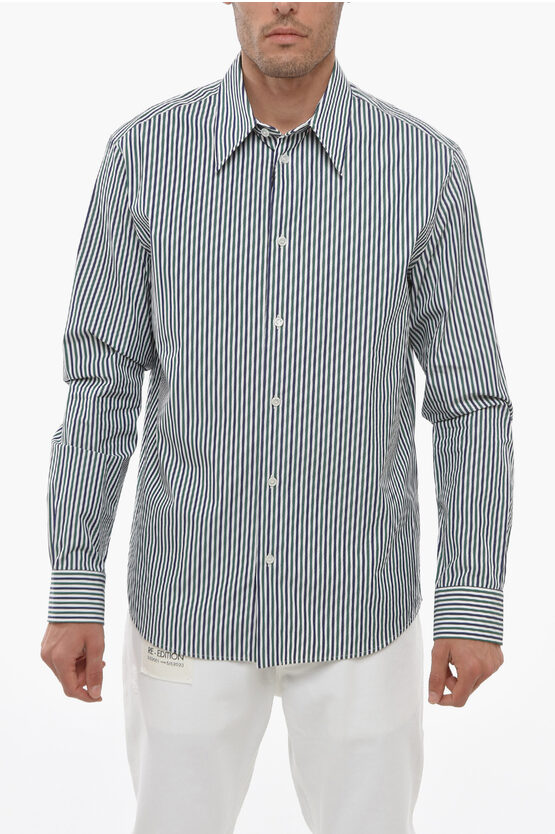 Bottega Veneta Awning Stripe Cotton Shirt With Standard Collar In Gray