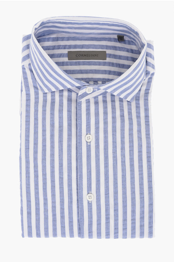 Corneliani Awning Stripe Cotton Shirt In Blue