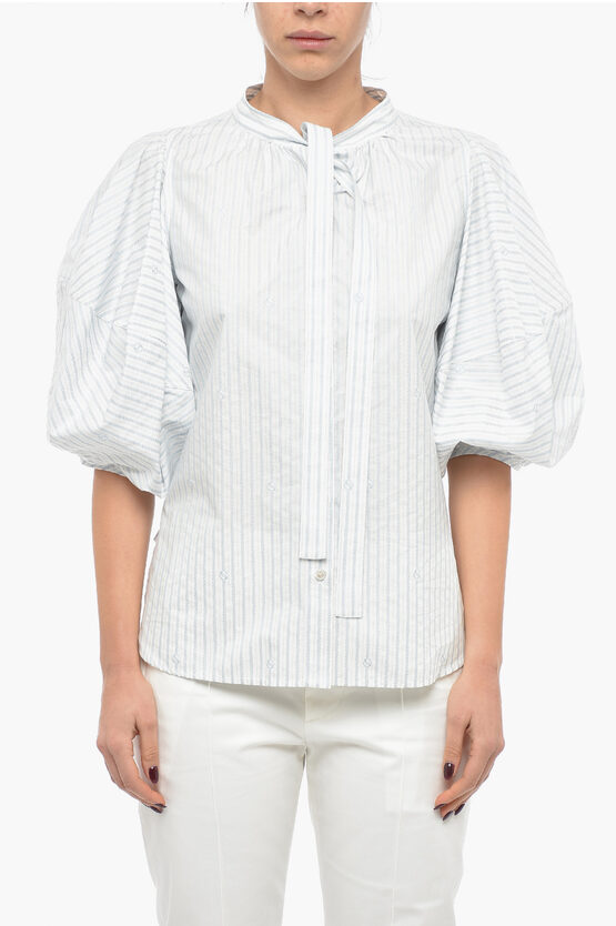 Stella Mccartney Awning Stripe Cotton Tie Neck Shirt In White
