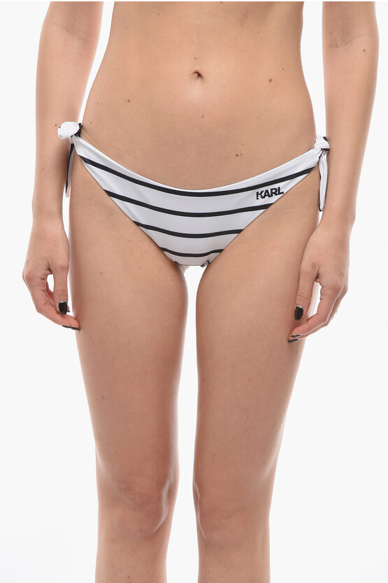 Karl Lagerfeld Awning Striped Bikini Bottom With Knotted Laces In White