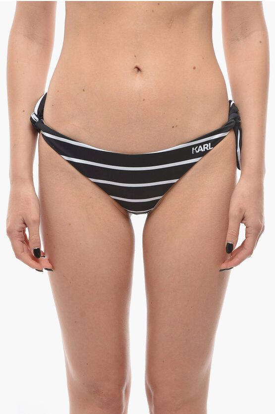 Karl Lagerfeld Awning Striped Bikini Bottom With Knotted Laces In Black