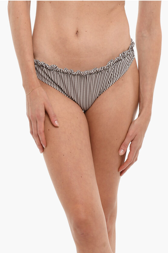 Ganni Awning Striped Bikini Bottom With Ruffle Details In Black
