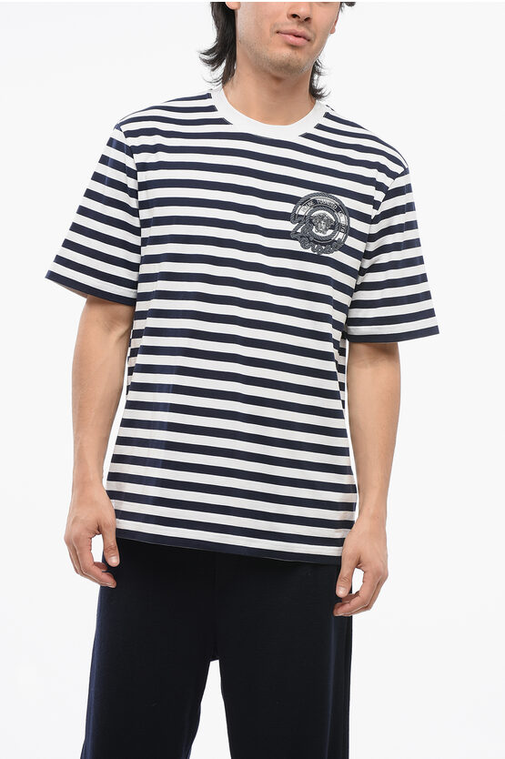 Shop Versace Awning Striped Cotton T-shirt With Embroidered Logo