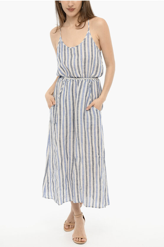 Woolrich Awning Striped Linen Maxi Dress With Belt In Grey