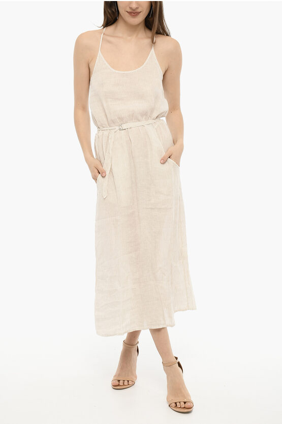 Woolrich Awning Striped Linen Maxi Dress With Belt In White