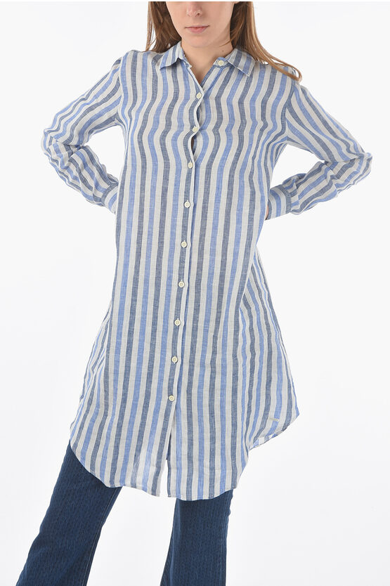 Woolrich Awning Striped Linen Shirt With Buttons On The Sleeve In Gray