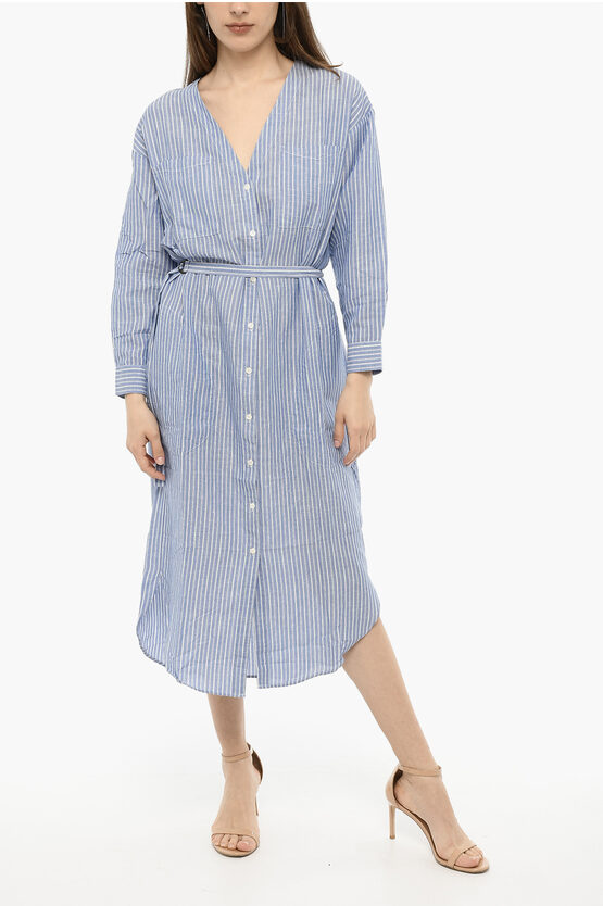 Woolrich Awning Striped Maxi Shirtdress With V-neck In Blue