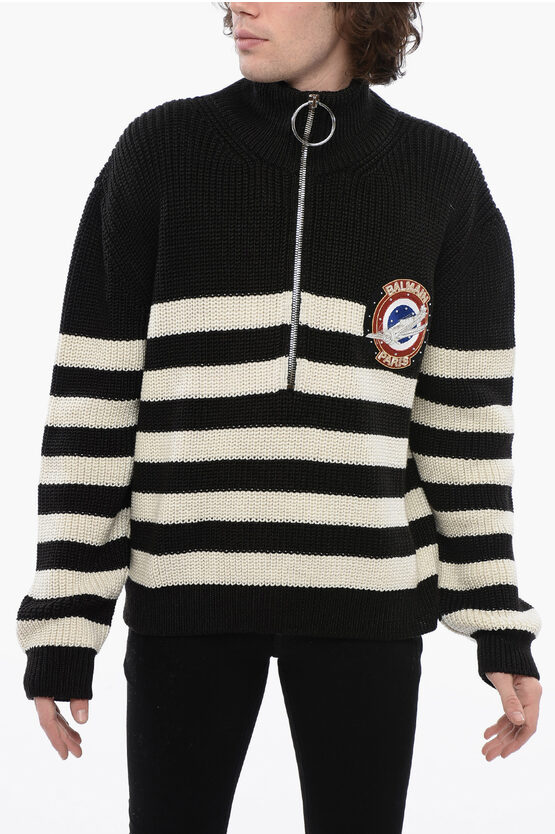 Balmain Awning Striped Mock Neck Sweater With Emblem Patch