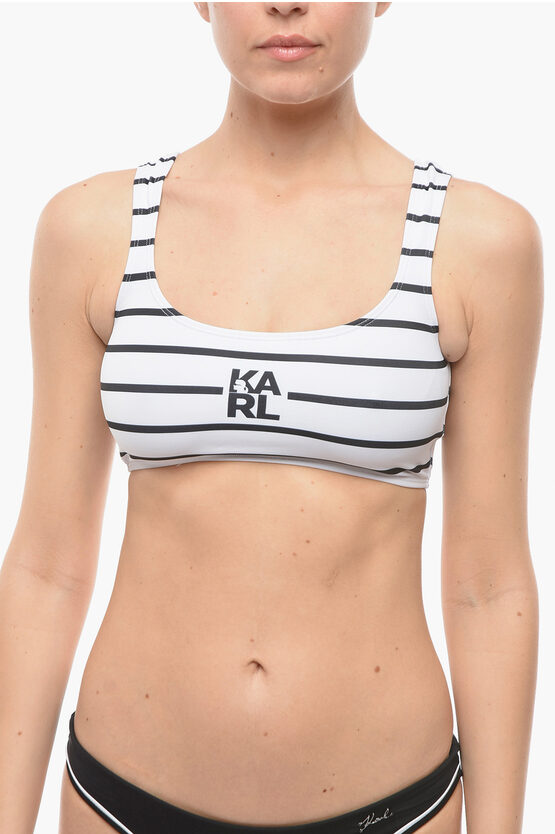 Karl Lagerfeld Awning Striped Two-tone Plunge Bikini Top In Black