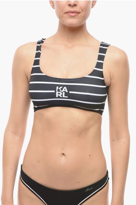 Karl Lagerfeld Awning Striped Two-tone Plunge Bikini Top In Black