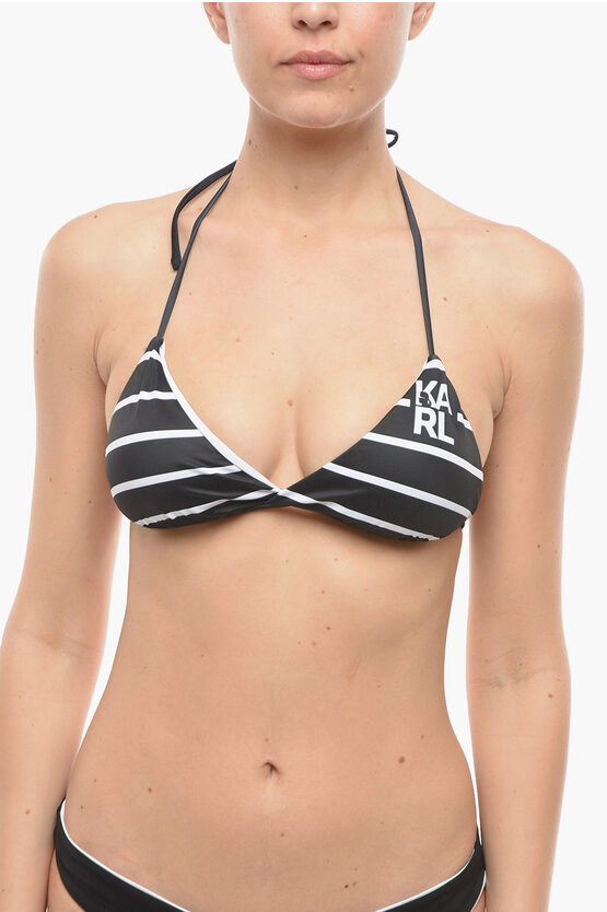 Karl Lagerfeld Awning Striped Two-tone Triangle Bikini Top In Black