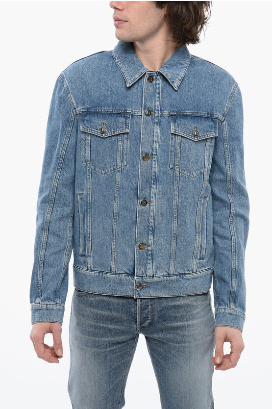 Balmain Back Embroidered Denim Jacket In Blue